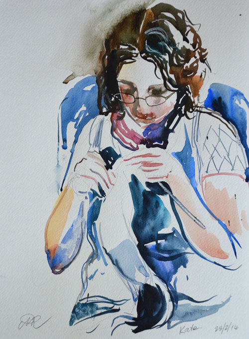 'Kate knitting', Watercolour sketch